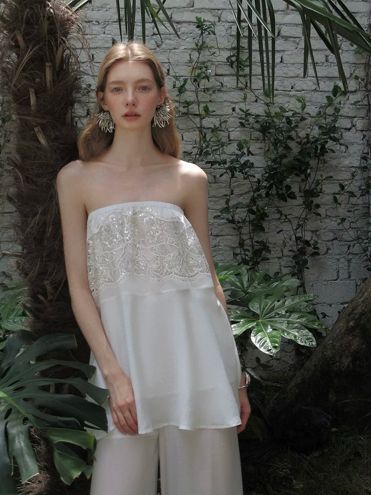 Moonlit beaded lace tube top front view