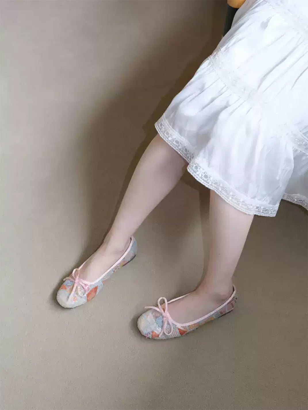 Floral-Mesh Bow Ballet Flats - View 2