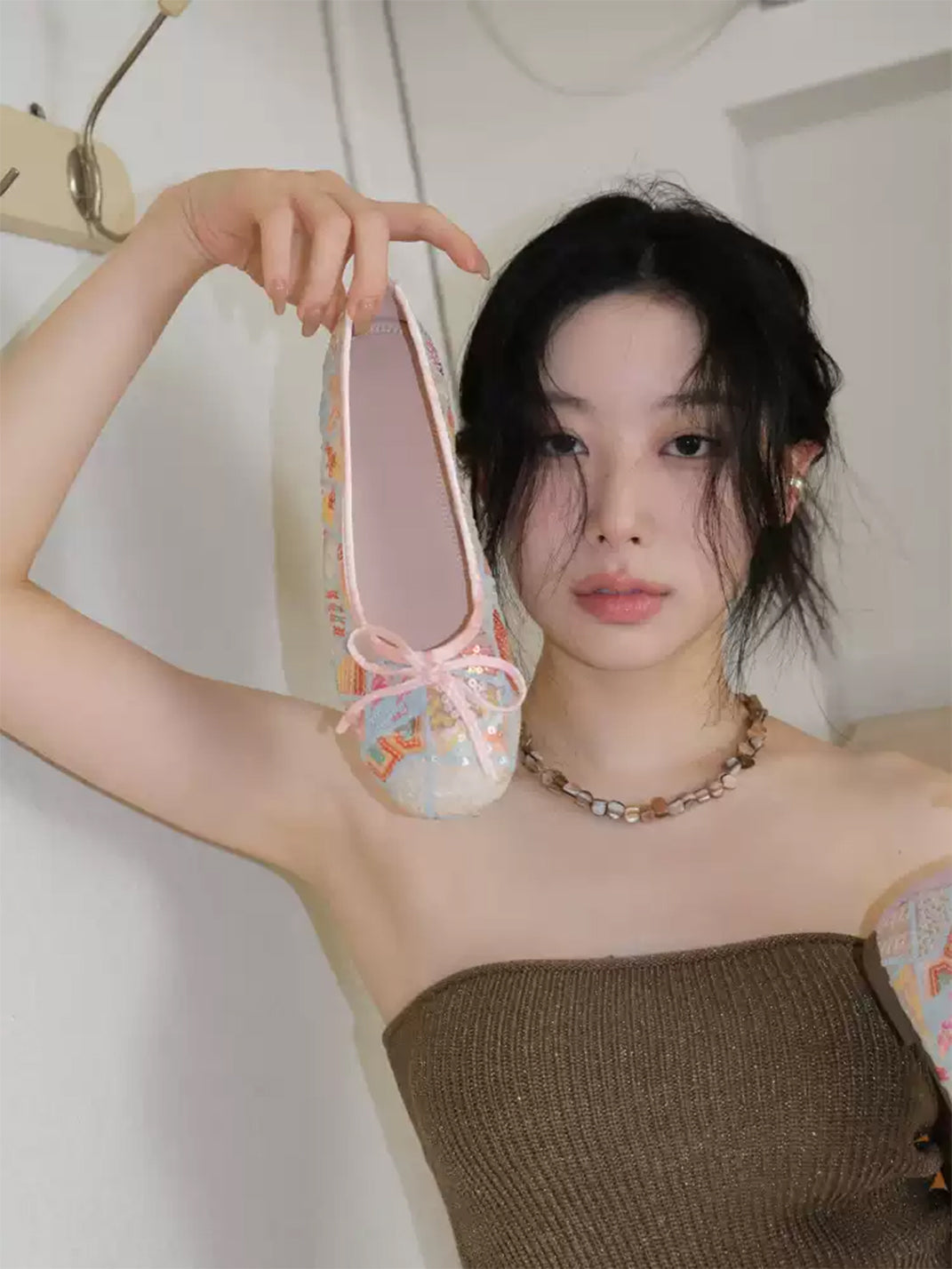 Floral-Mesh Bow Ballet Flats - View 5
