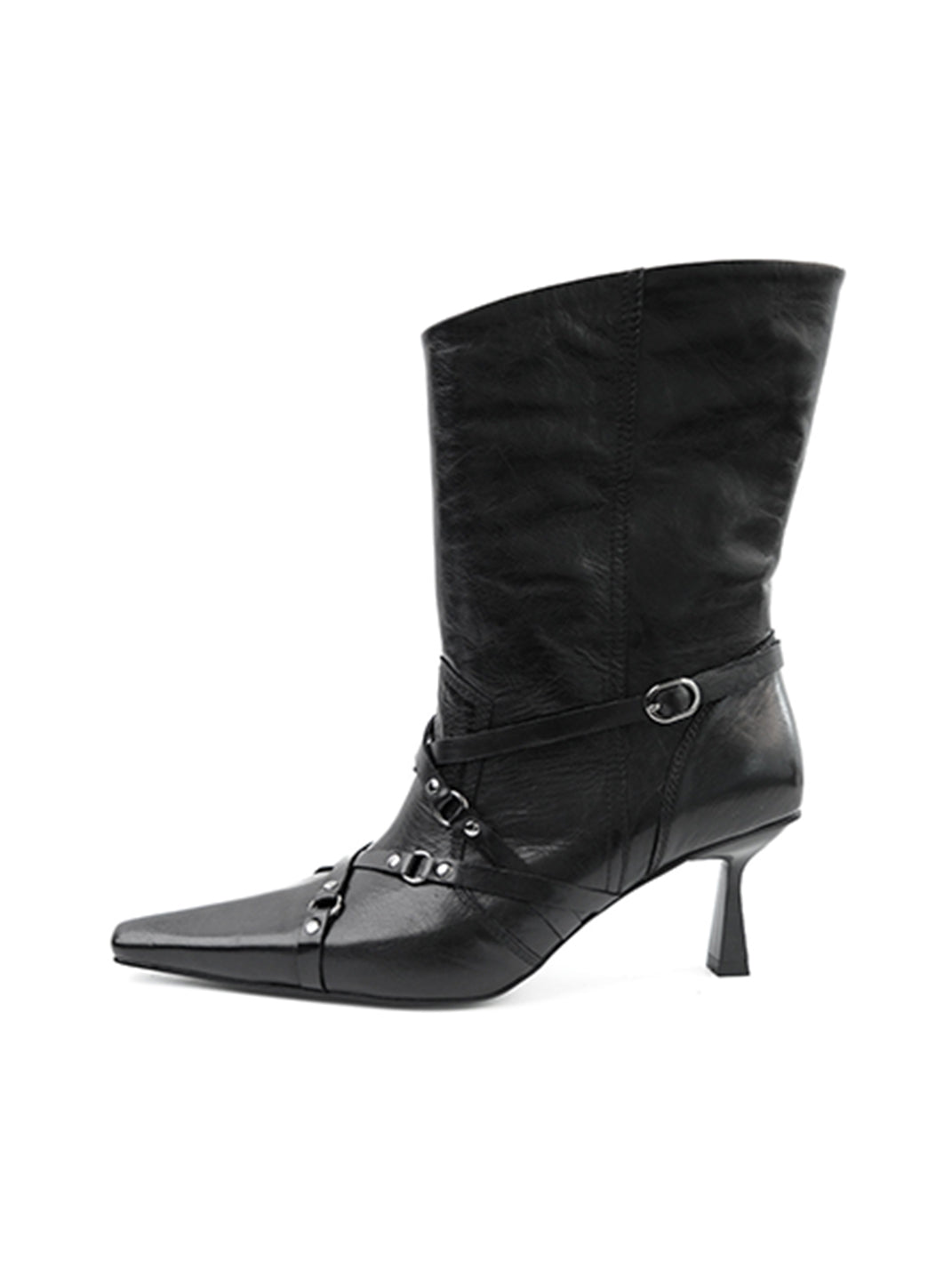 Ring-Buckle Pointed Leather Ankle Boots