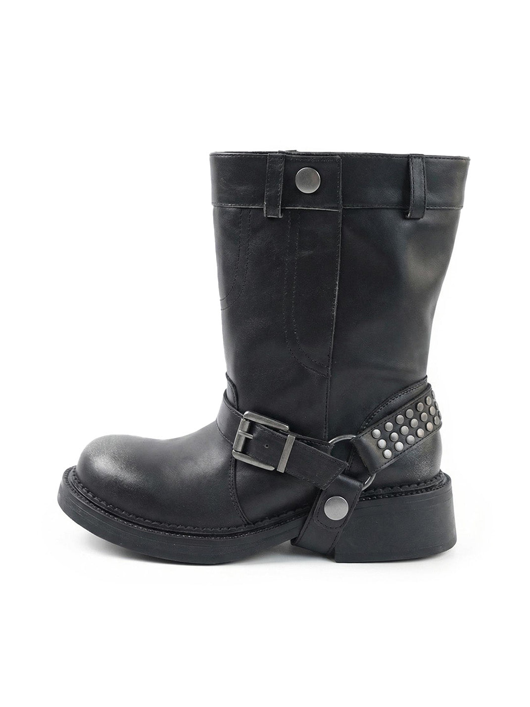 Triple-Buckle Leather Biker Ankle Boots