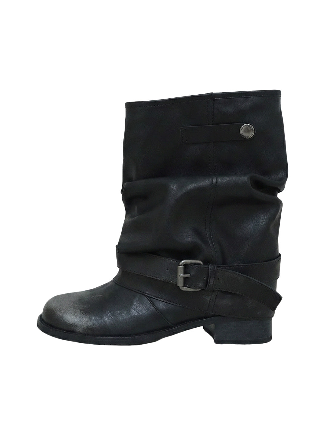 Ruched Buckle Mid-Calf Block-Heel Boots