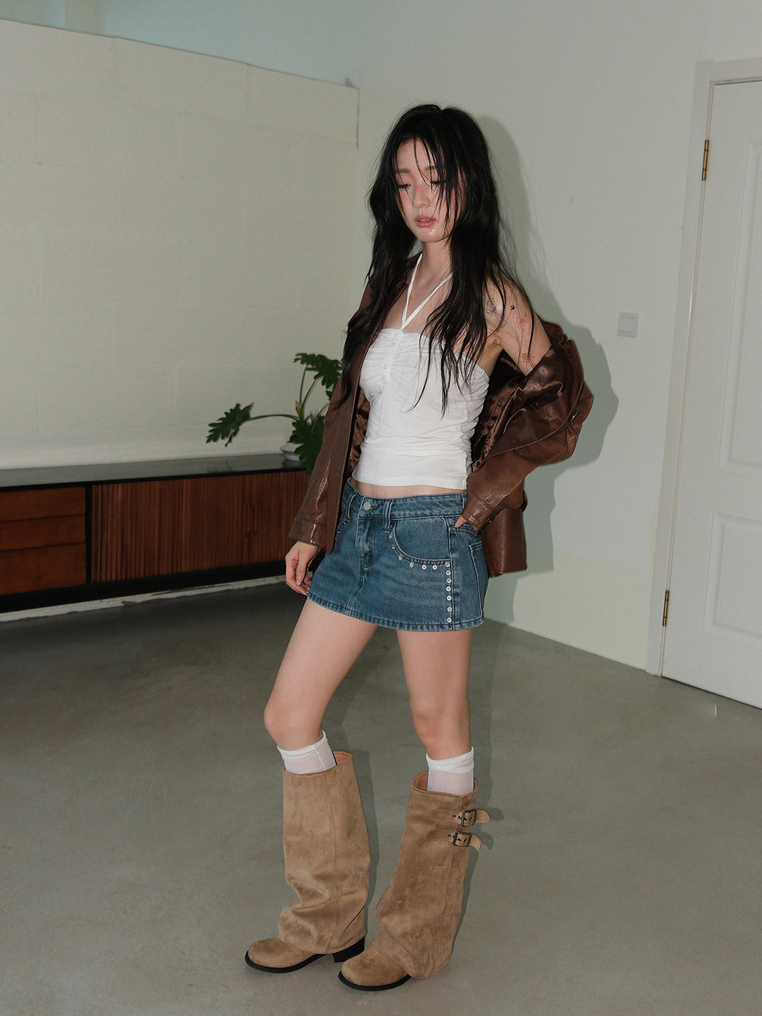 Camel Buckled Slouch-Shaft Leather Riding Boots - View 5