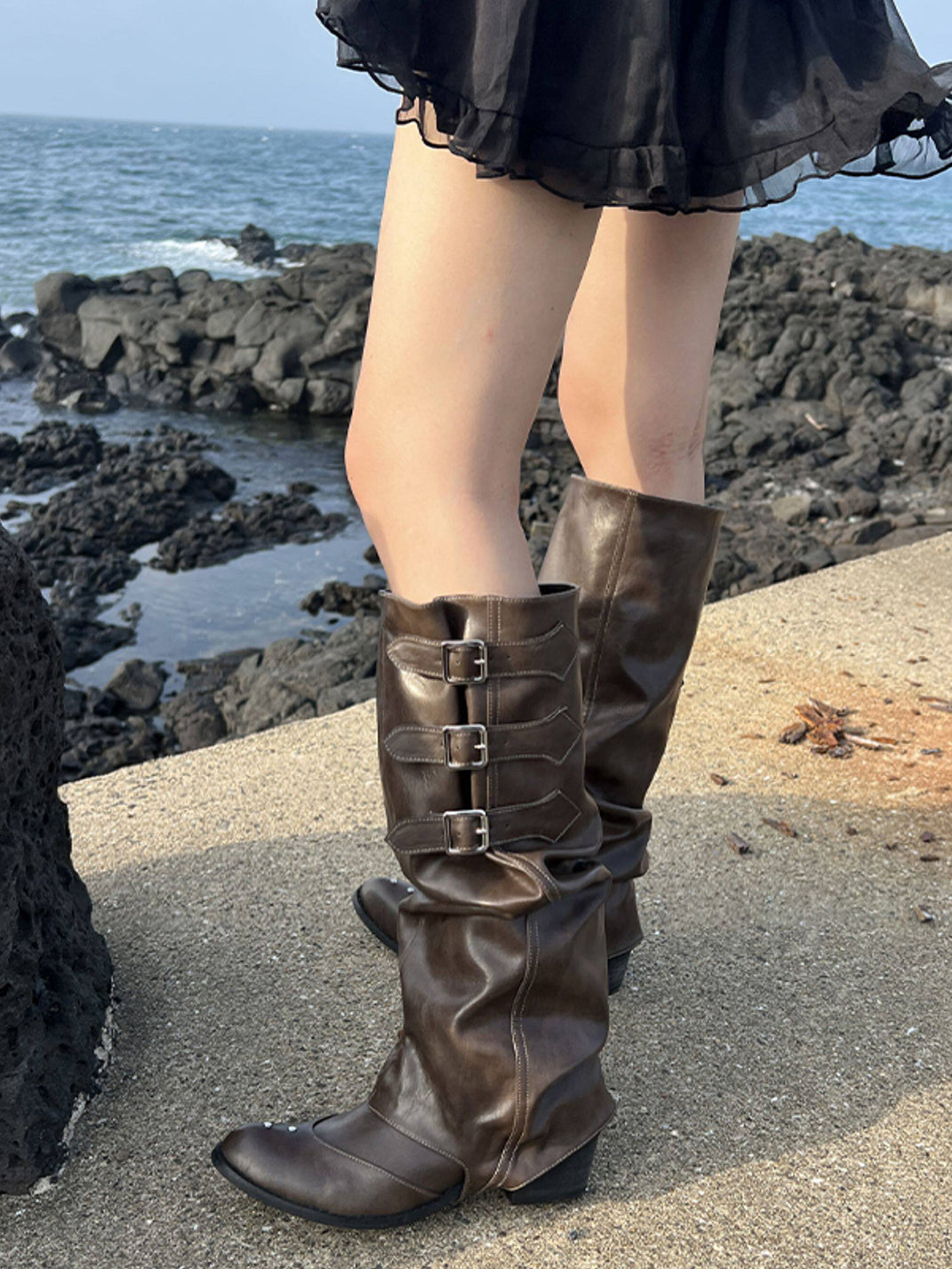 Ruched Buckle Western Knee-High Boots - View 2
