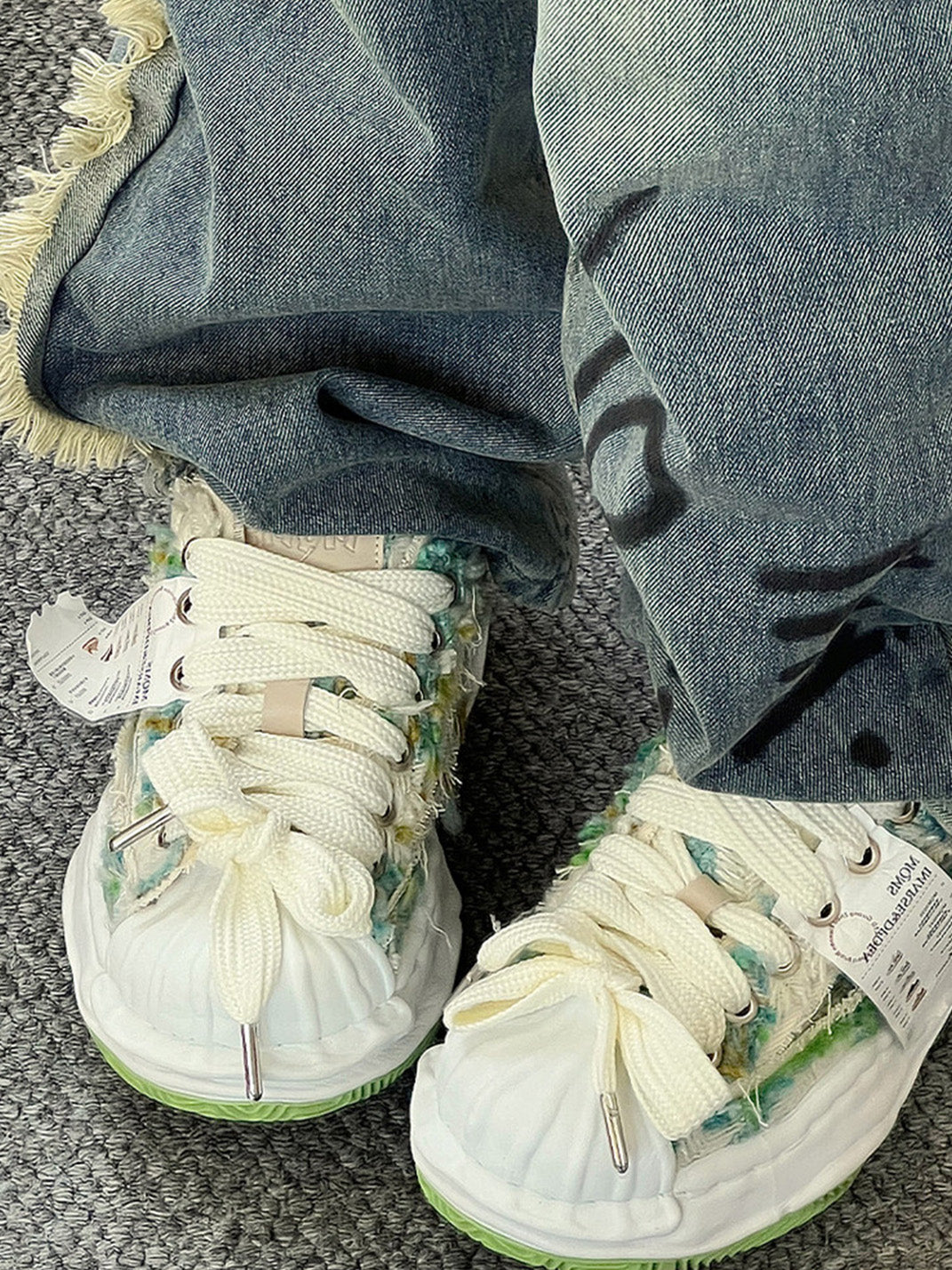 Green Frayed-Panel Sculpted-Sole Sneakers - View 2