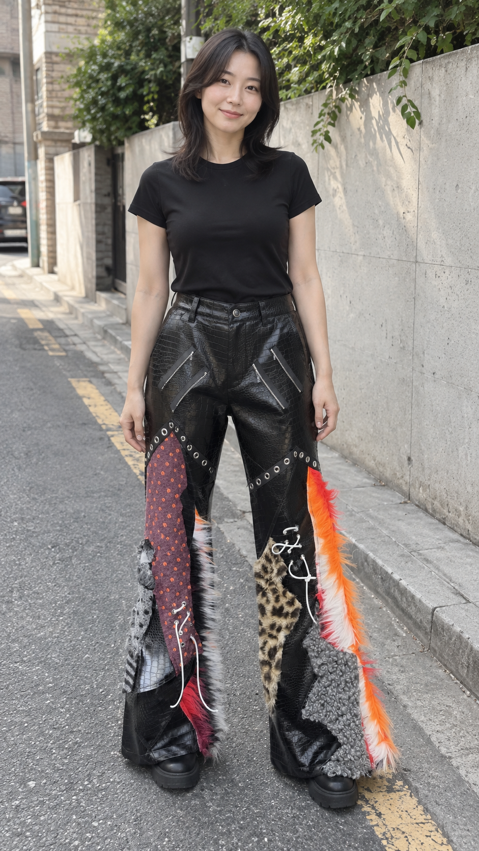 AI-styled look: Multicolor Patchwork Flared Statement Pants — Neighborhood sidewalk