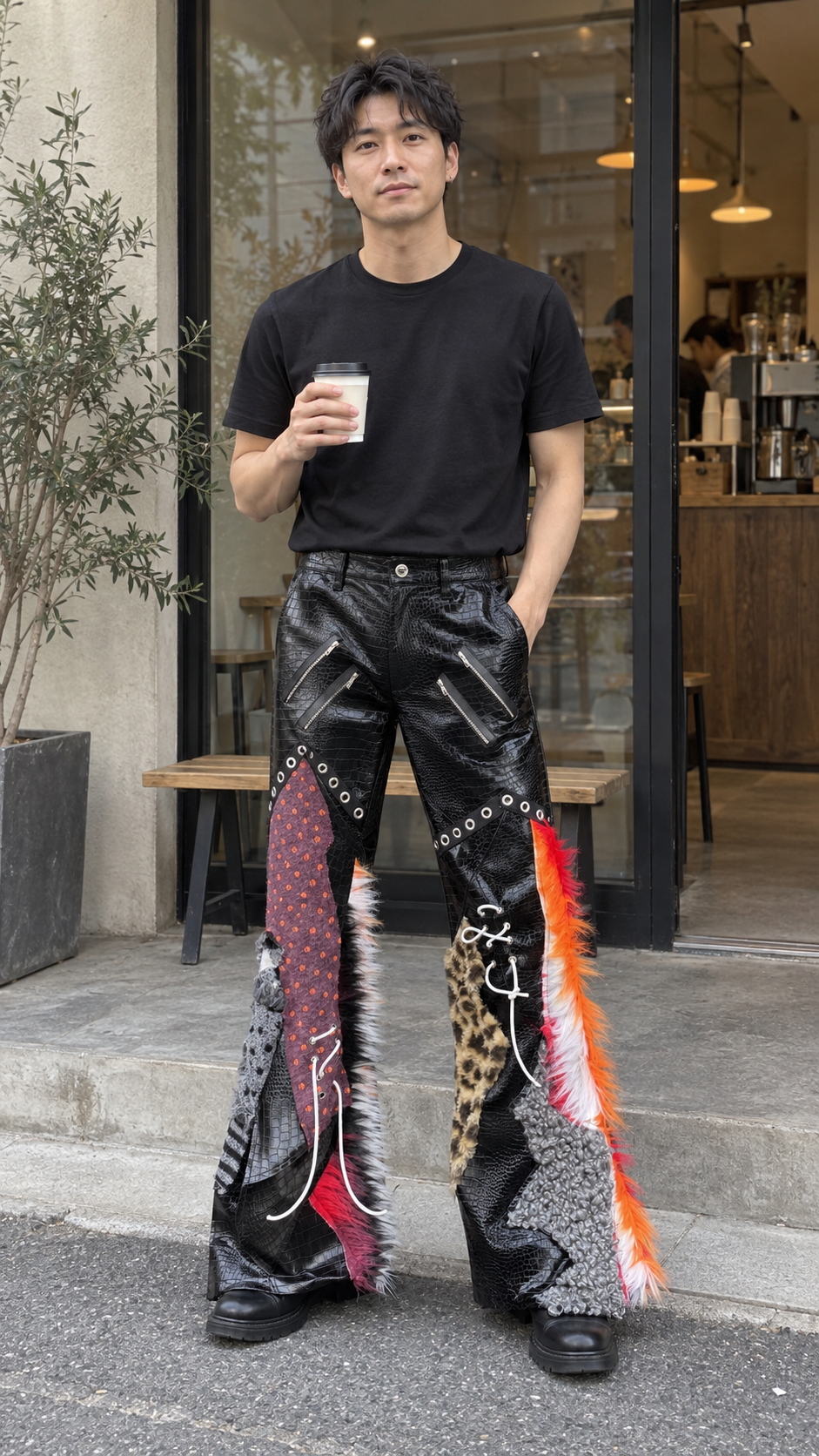 AI-styled look: Multicolor Patchwork Flared Statement Pants — Cafe doorway