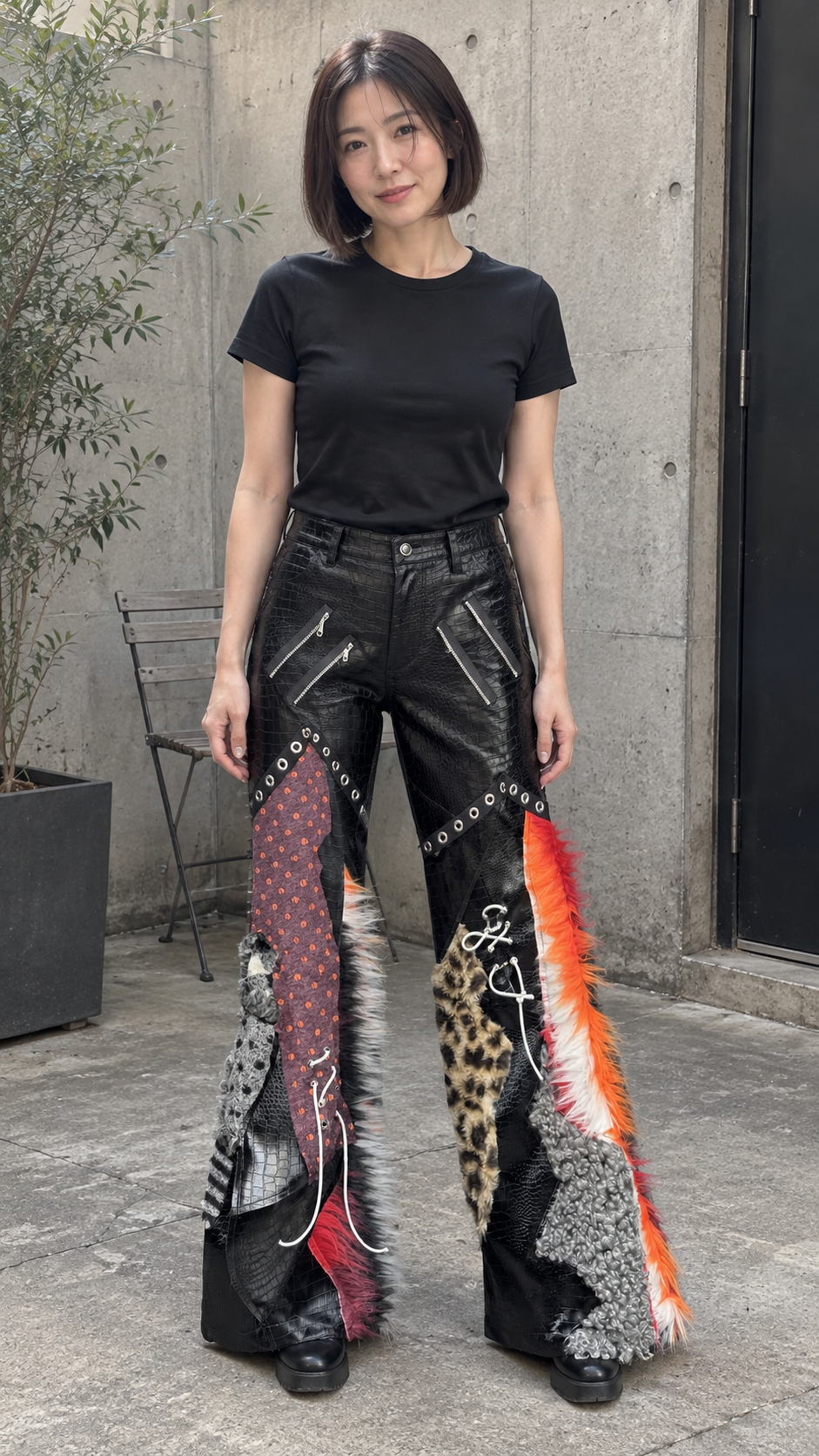 AI-styled look: Multicolor Patchwork Flared Statement Pants — Courtyard outfit check
