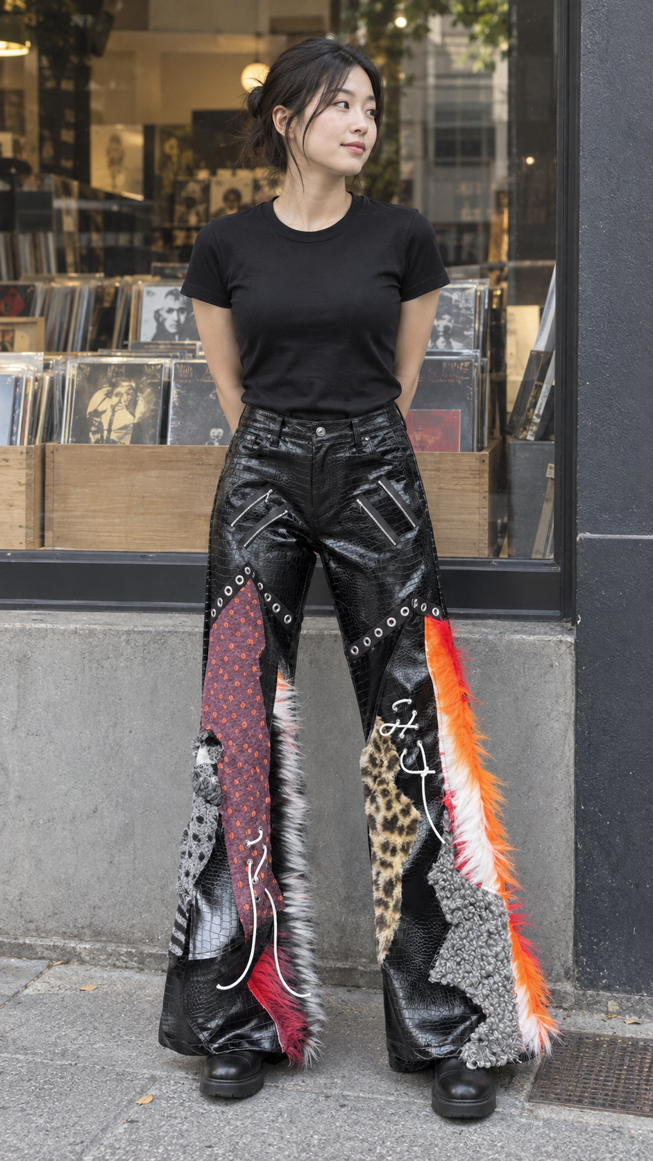 AI-styled look: Multicolor Patchwork Flared Statement Pants — Record shop stop