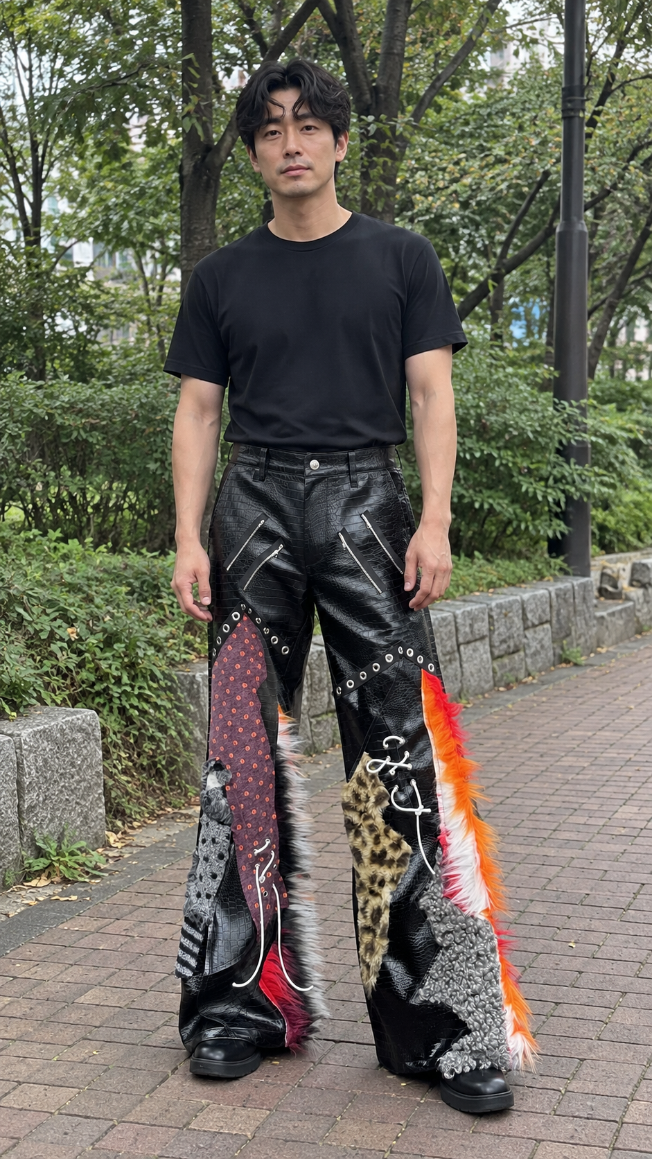 AI-styled look: Multicolor Patchwork Flared Statement Pants — Park walkway