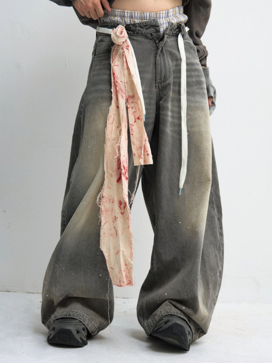 Drawstring Washed Grey Wide Leg Jeans