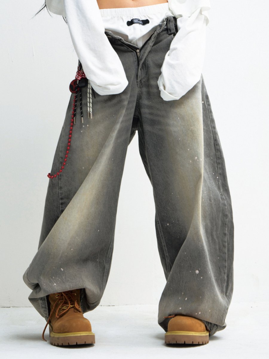 Drawstring Washed Grey Wide Leg Jeans