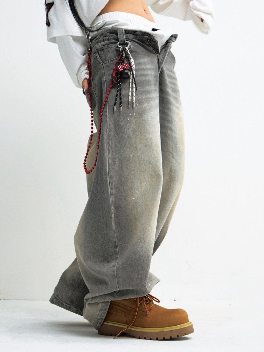 Drawstring Washed Grey Wide Leg Jeans