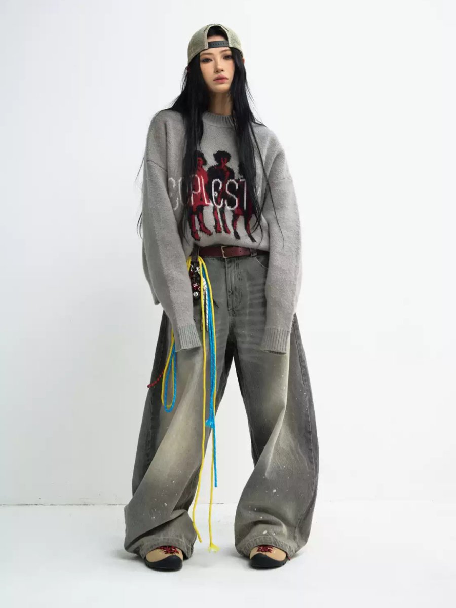 Drawstring Washed Grey Wide Leg Jeans