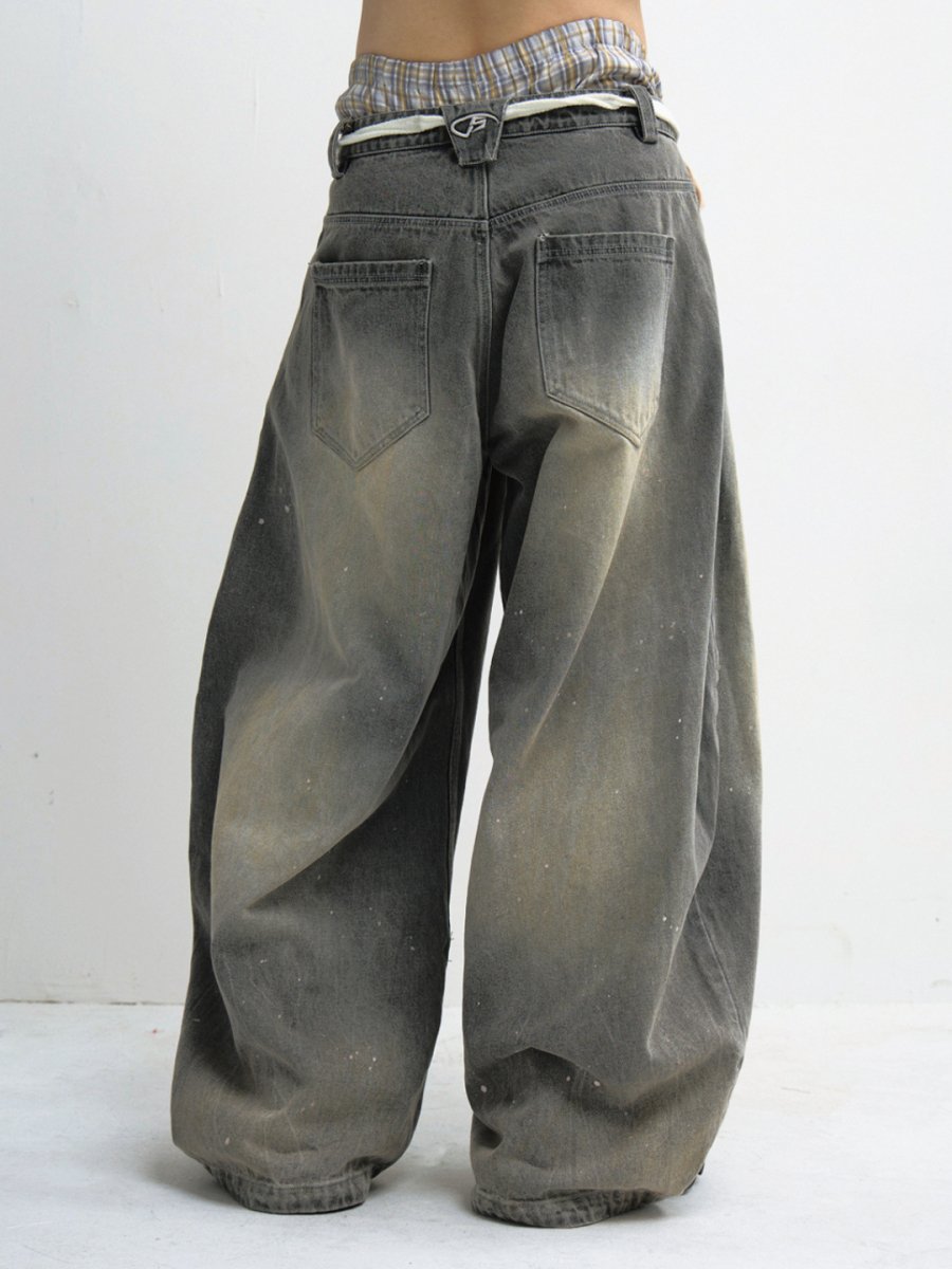 Drawstring Washed Grey Wide Leg Jeans