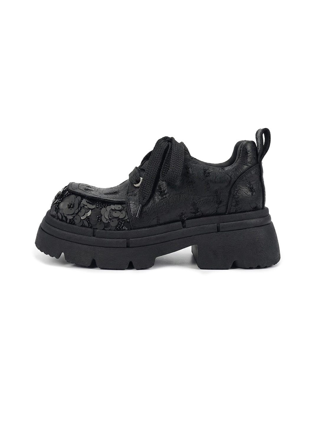 Floral-Sequin Platform Derby Shoes