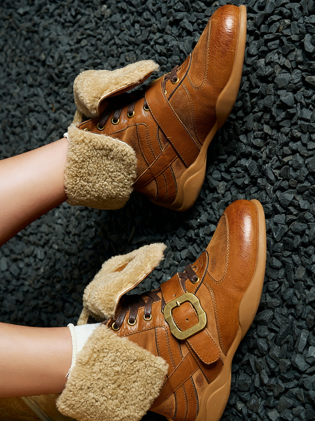 Shearling-Lined Buckle Western Ankle Boots - View 4