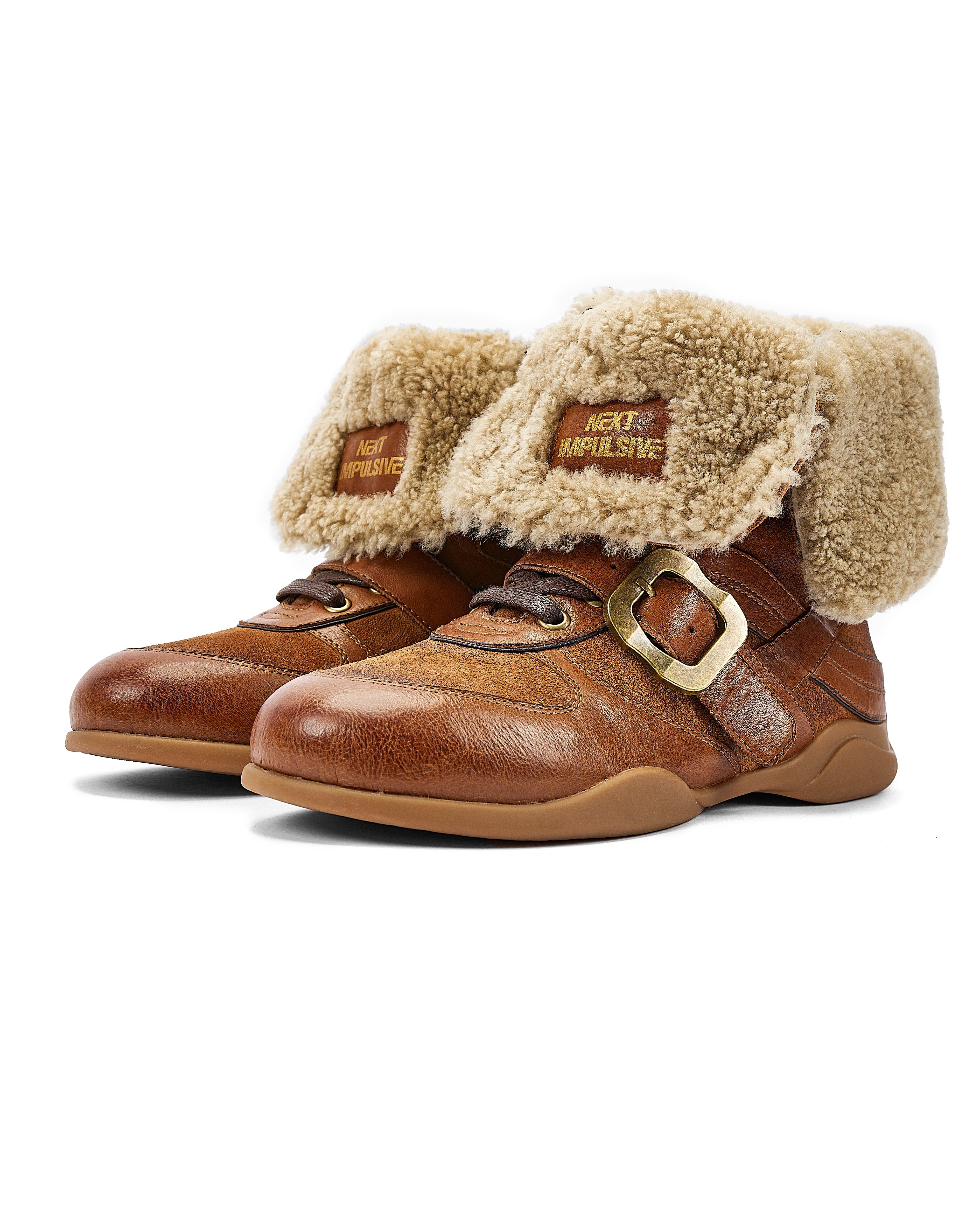 Shearling-Lined Buckle Western Ankle Boots - View 6