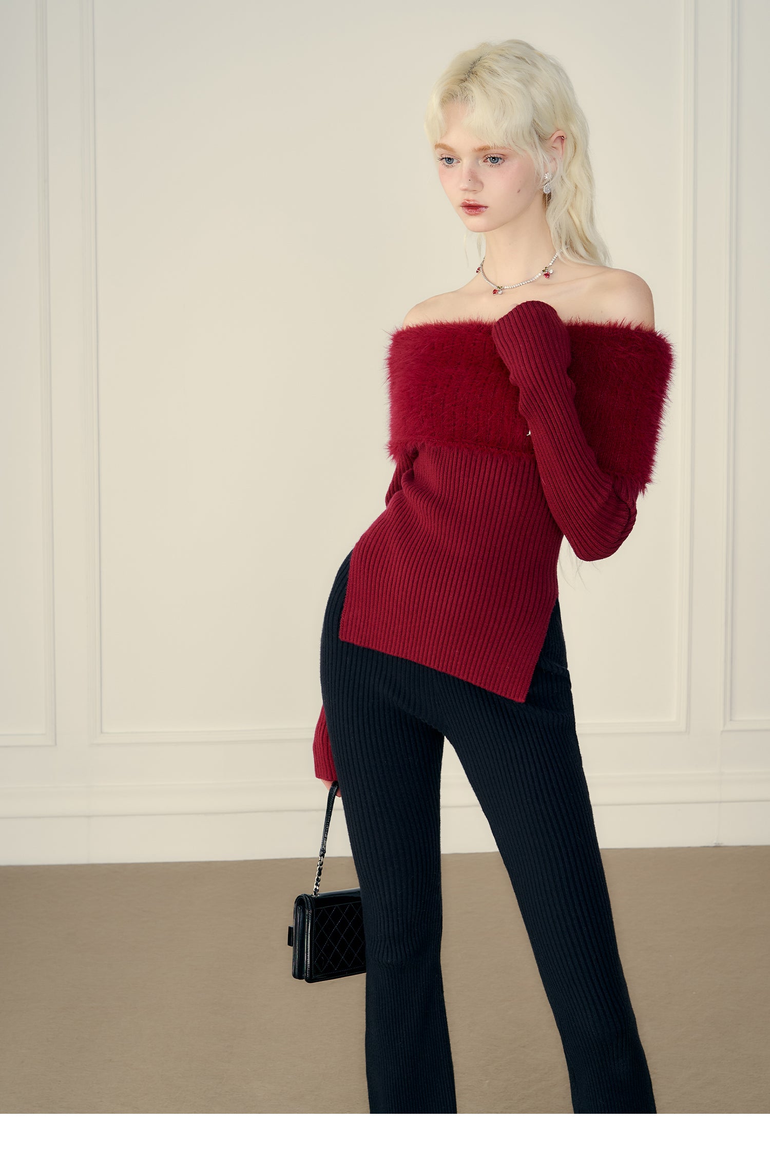 Thick Off-Shoulder Mink Cashmere Knit Sweater - chiclara
