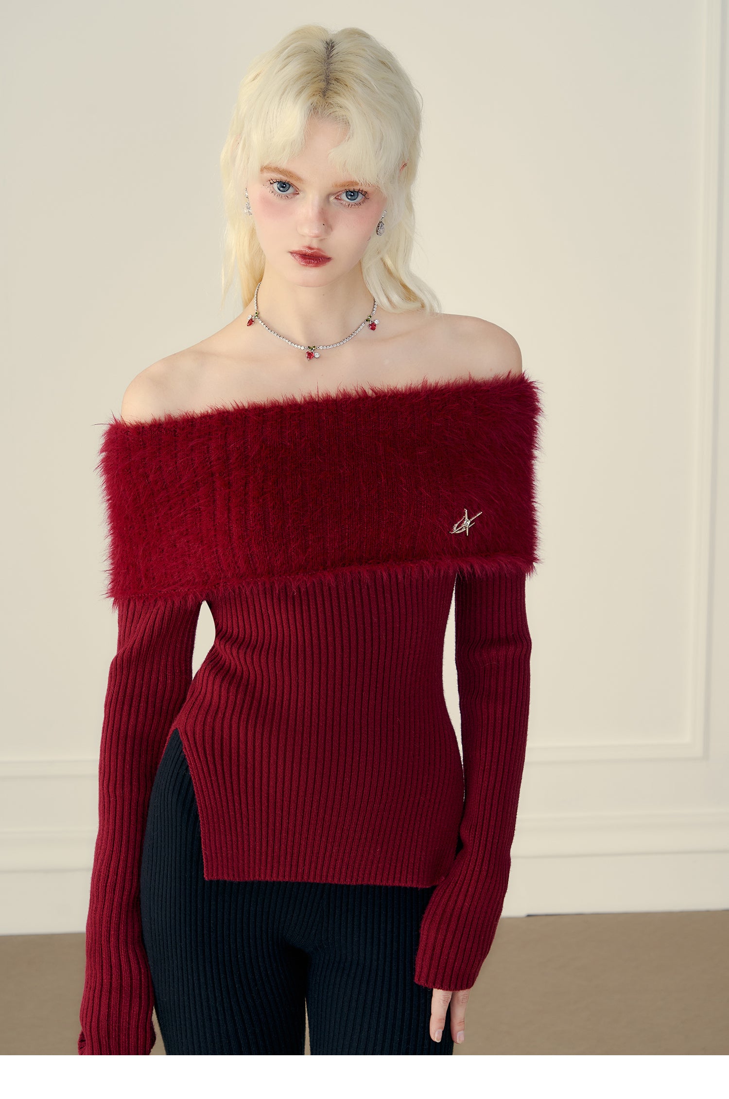 Thick Off-Shoulder Mink Cashmere Knit Sweater - chiclara