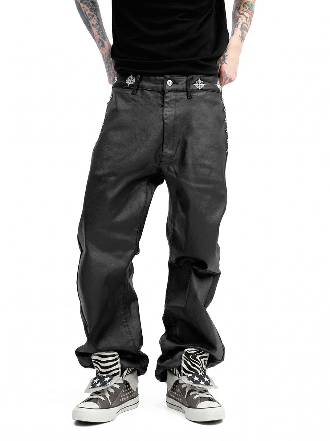 Zebra-Panel Studded Canvas High-Top Sneakers - View 3