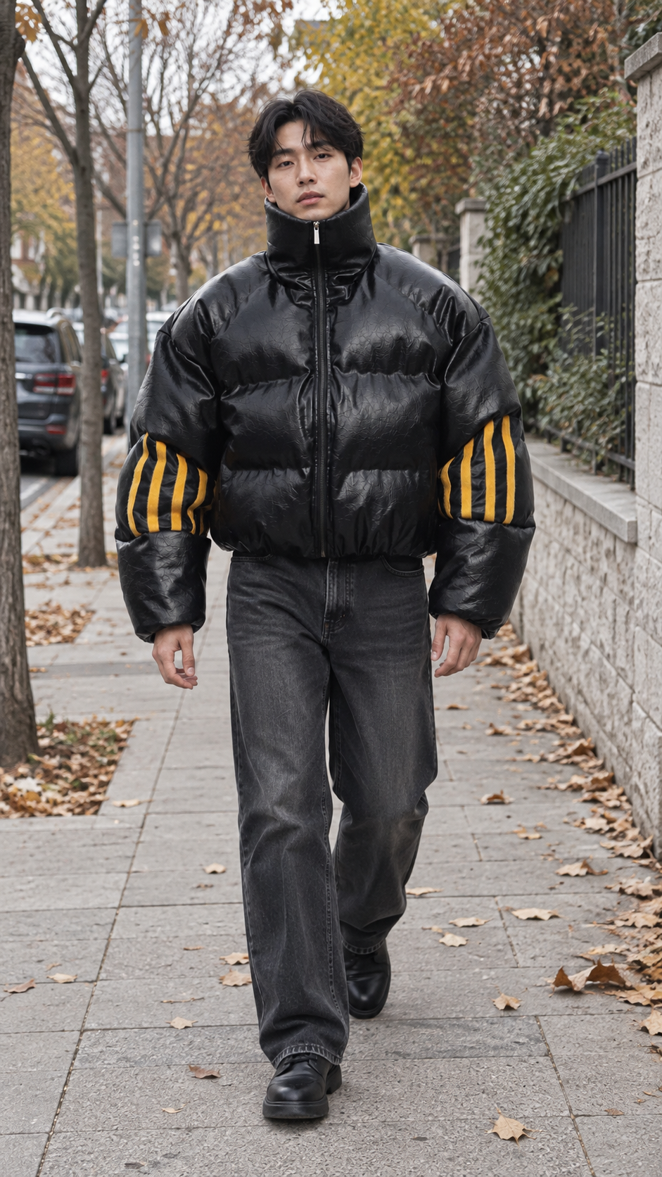 AI-styled look: Obsidian Signal Armored Puffer Jacket — Neighborhood walk