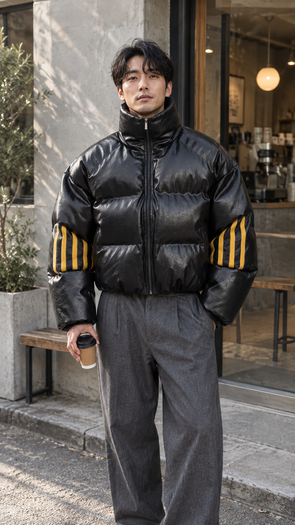 AI-styled look: Obsidian Signal Armored Puffer Jacket — Coffee stop