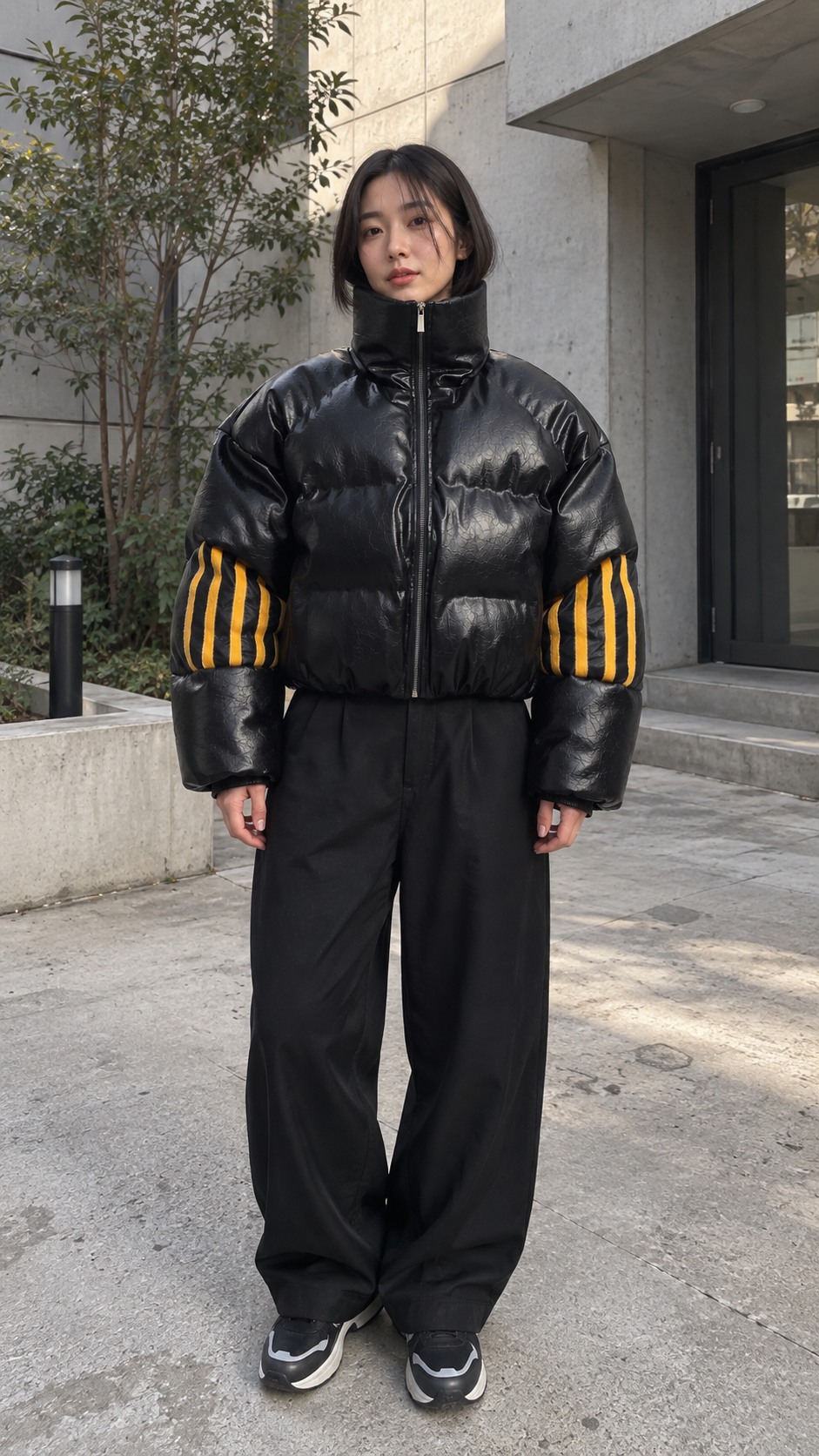 AI-styled look: Obsidian Signal Armored Puffer Jacket — Courtyard fit check