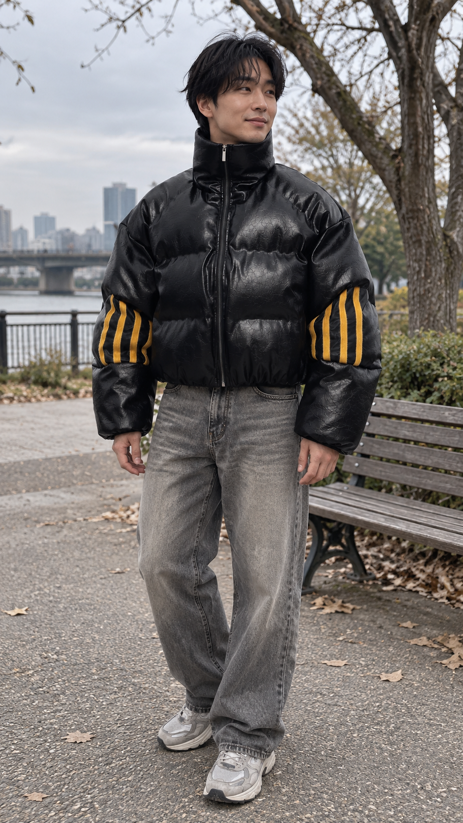AI-styled look: Obsidian Signal Armored Puffer Jacket — Park path pause