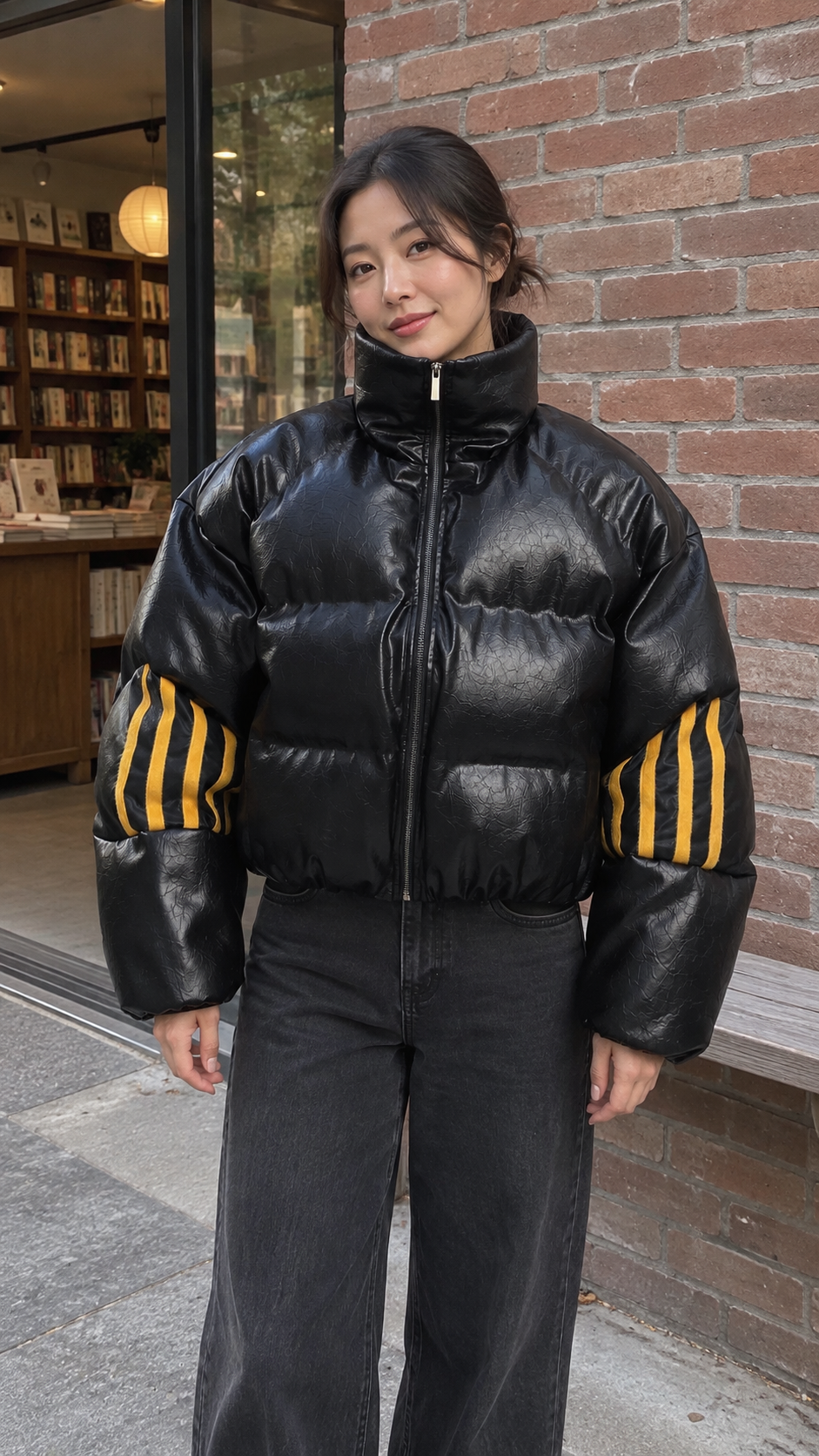 AI-styled look: Obsidian Signal Armored Puffer Jacket — Bookshop corner