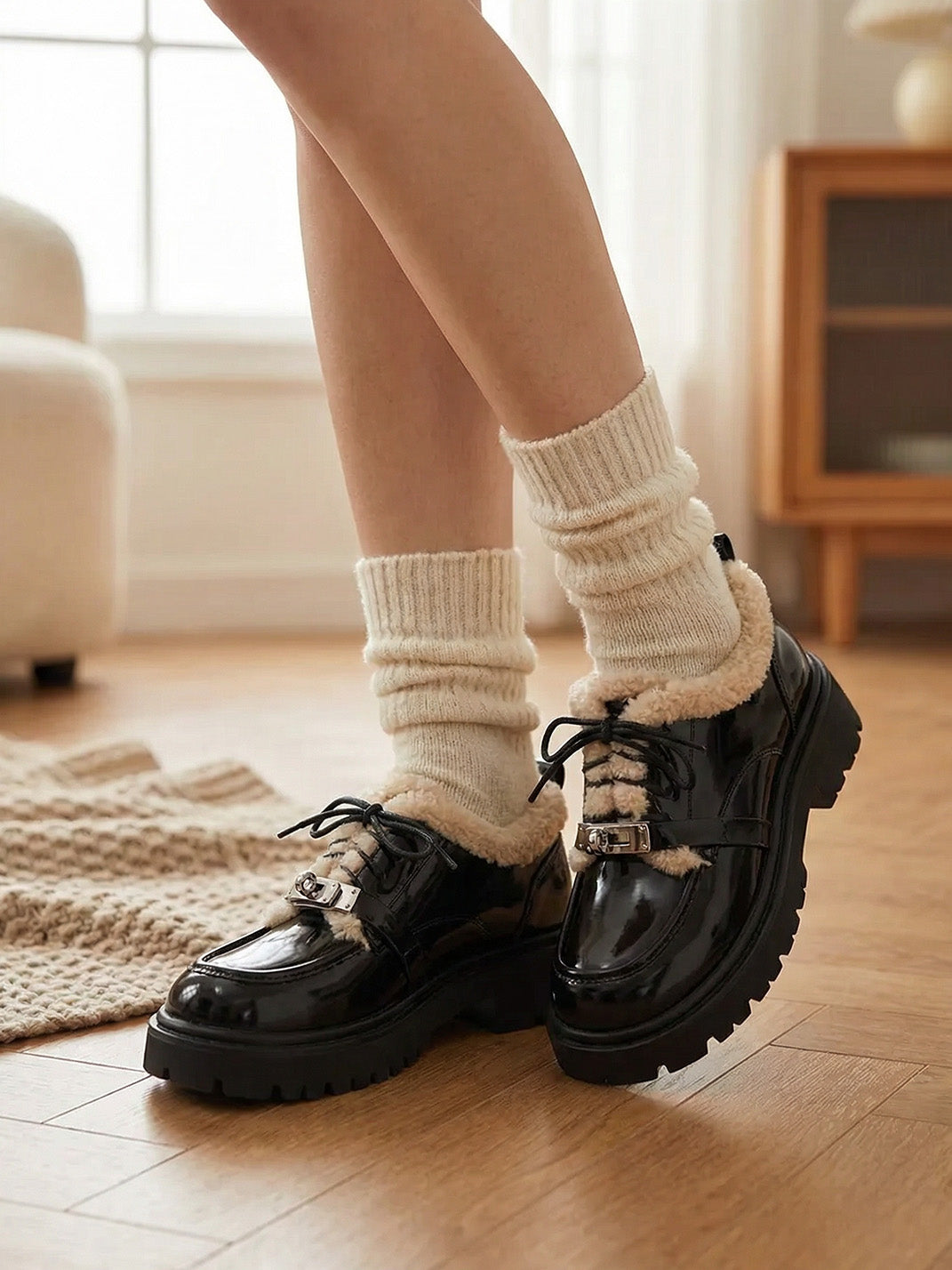 Fleece-Collar Patent Platform Oxford Shoes - View 4