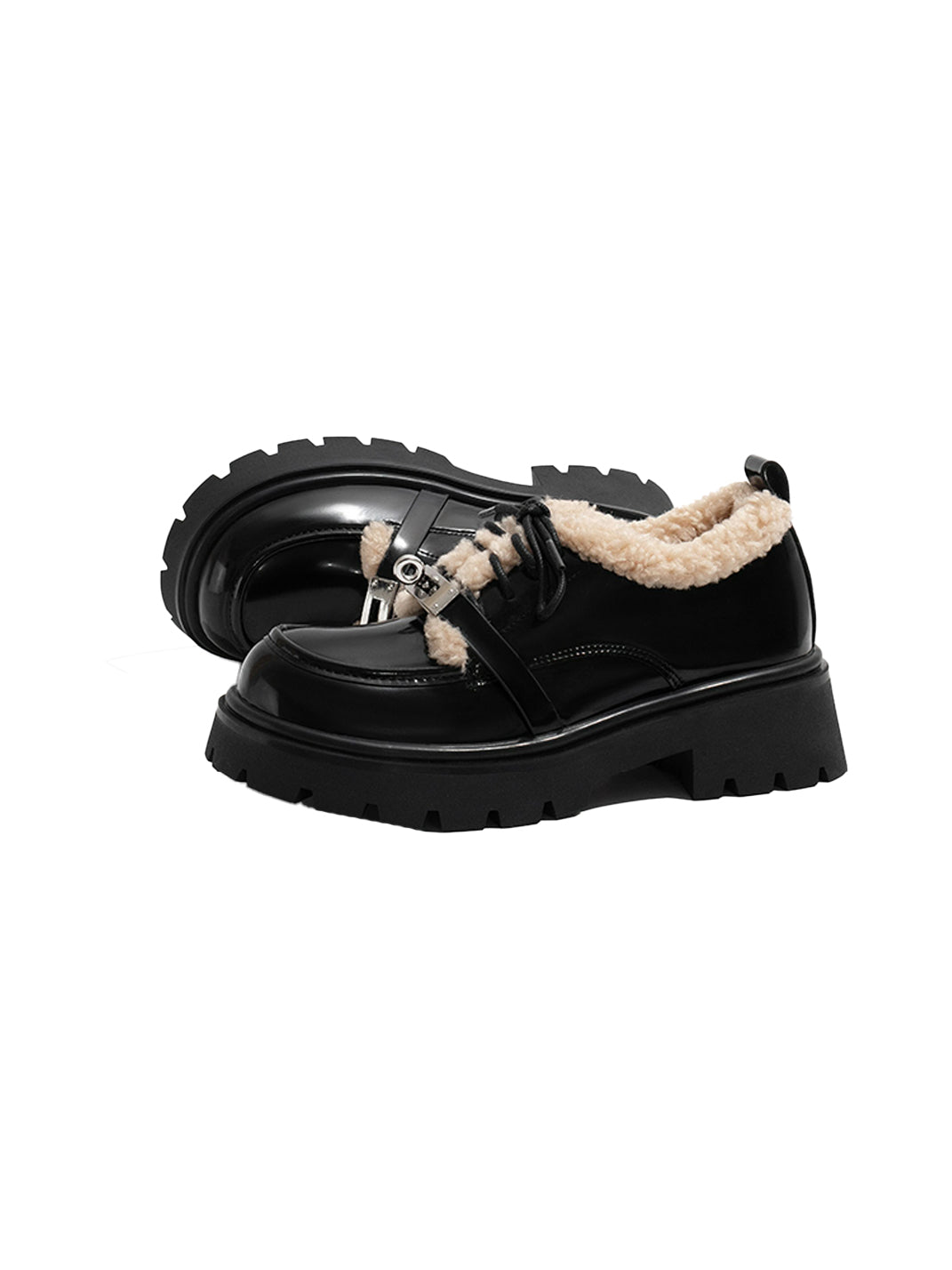 Fleece-Collar Patent Platform Oxford Shoes - View 6