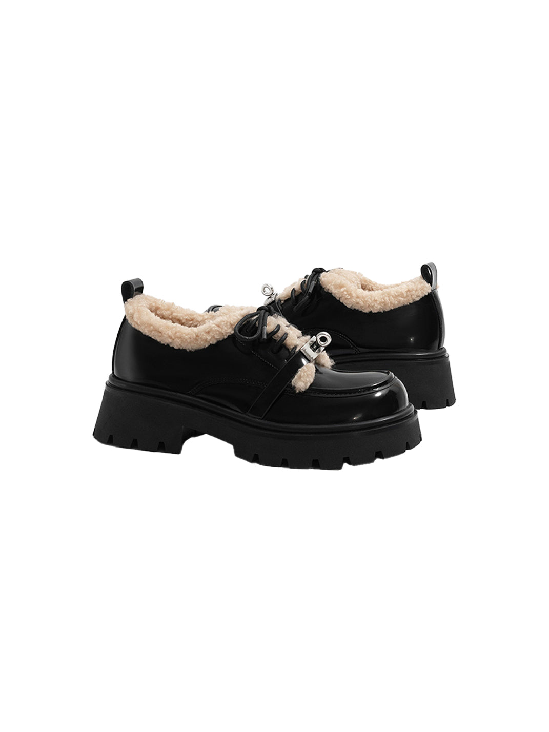 Fleece-Collar Patent Platform Oxford Shoes - View 9