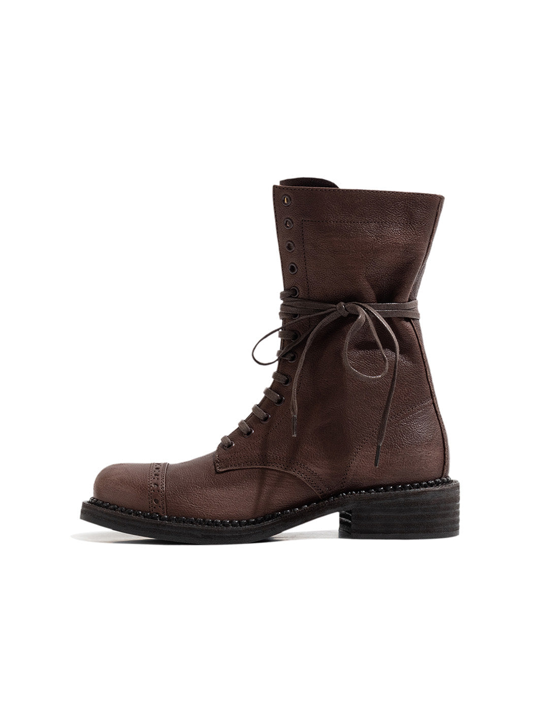 Distressed Leather Mid-Calf Combat Boots