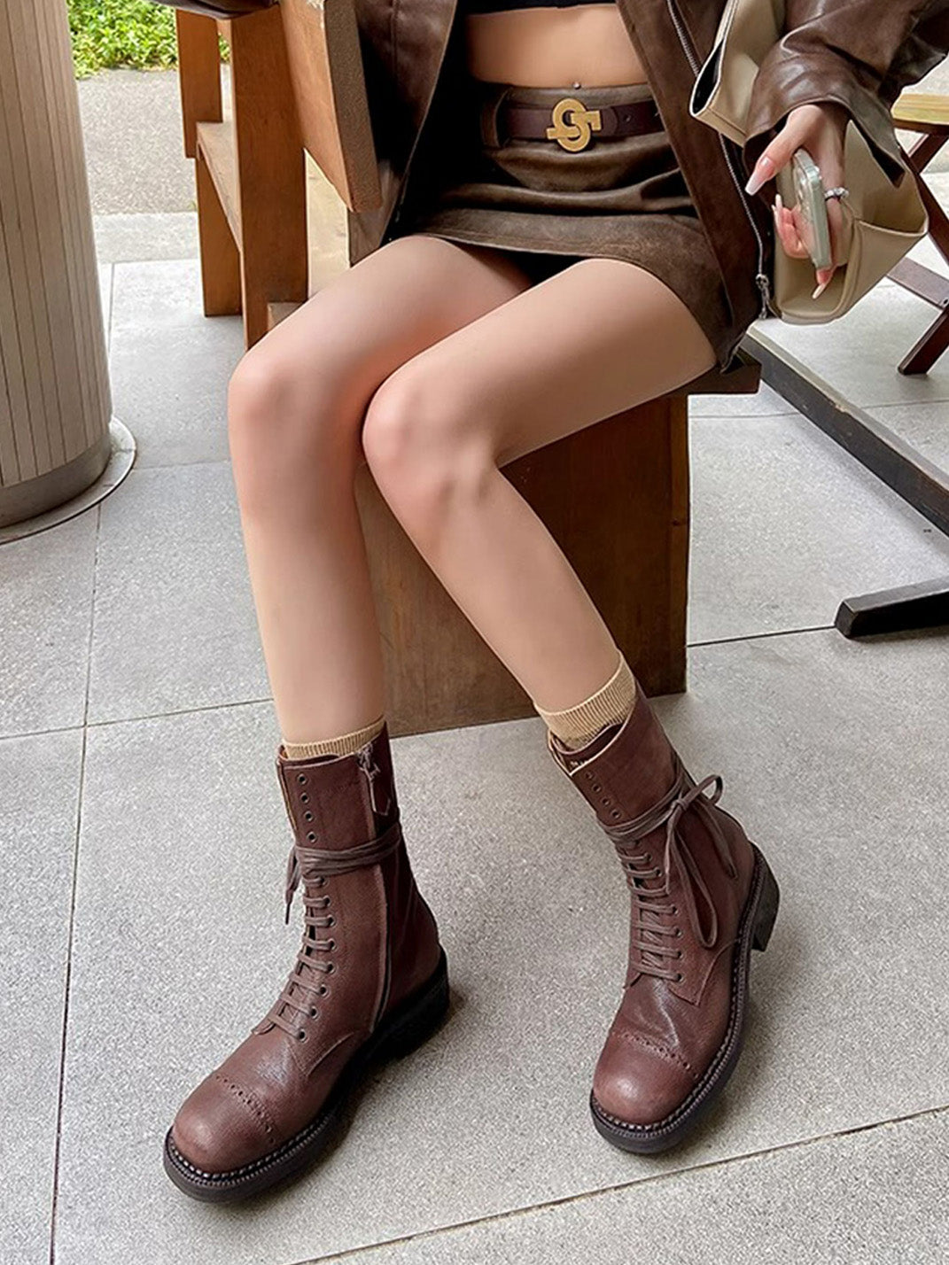 Distressed Leather Mid-Calf Combat Boots - View 2