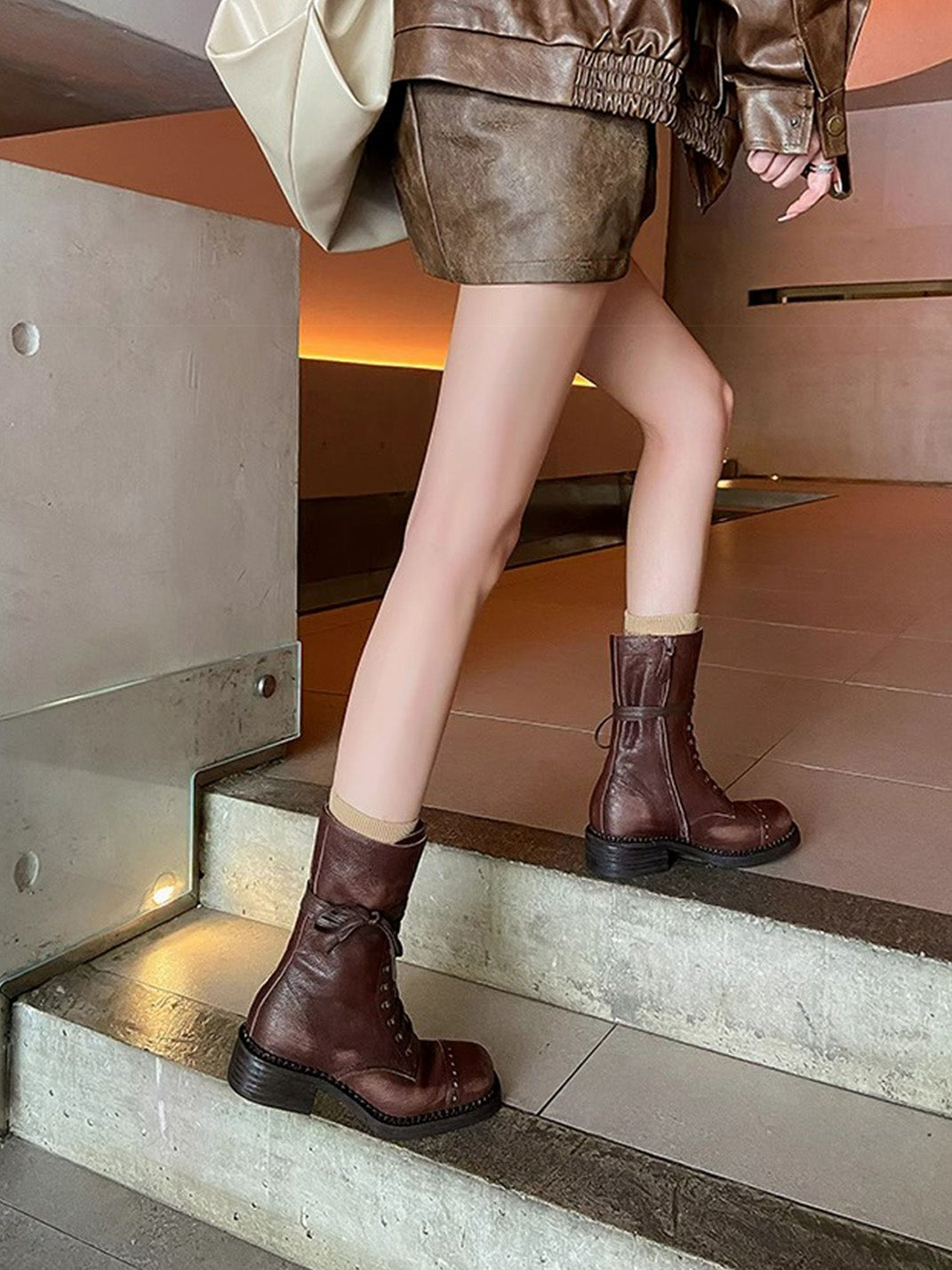 Distressed Leather Mid-Calf Combat Boots - View 5