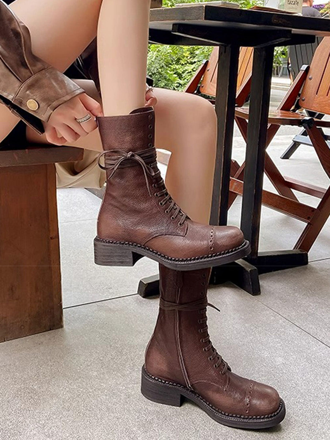 Distressed Leather Mid-Calf Combat Boots - View 6