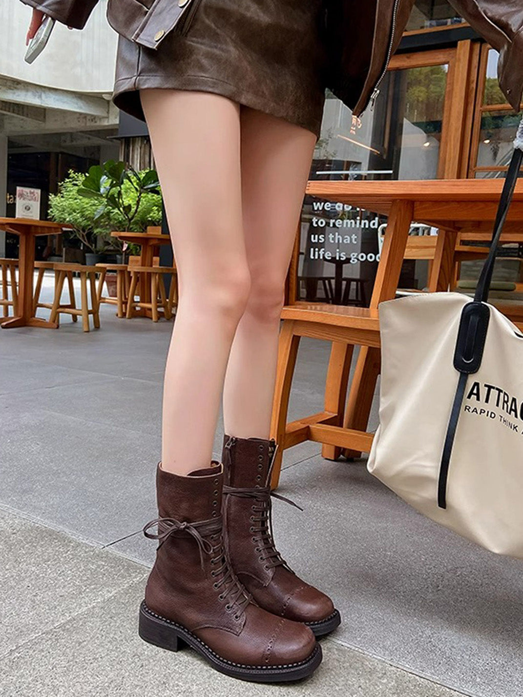 Distressed Leather Mid-Calf Combat Boots - View 7