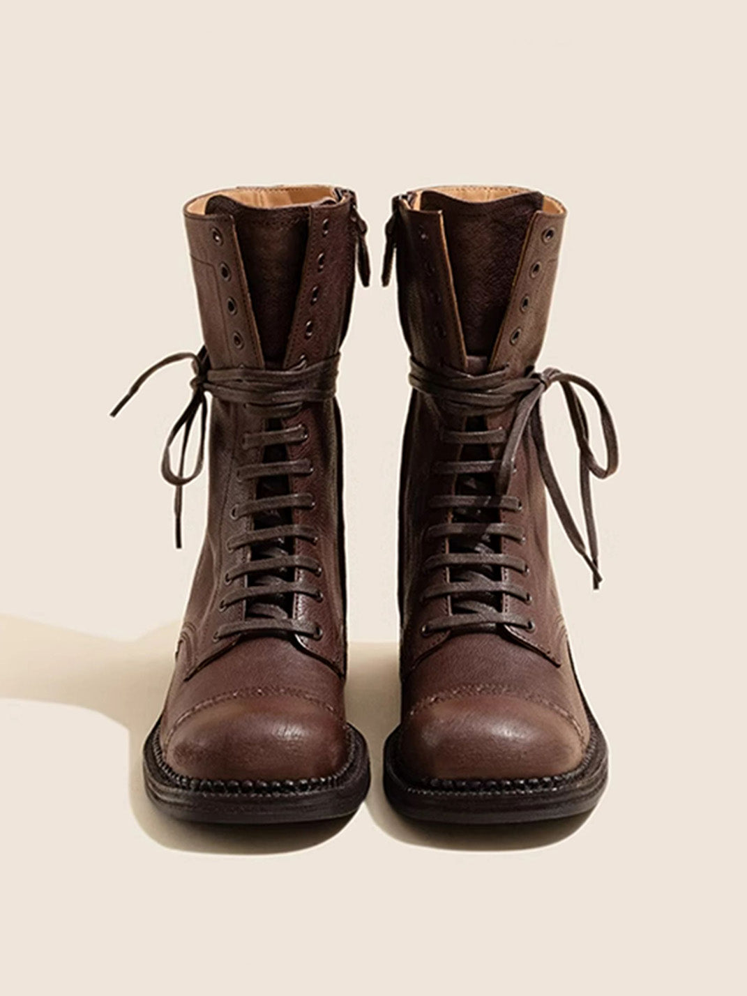 Distressed Leather Mid-Calf Combat Boots - View 8