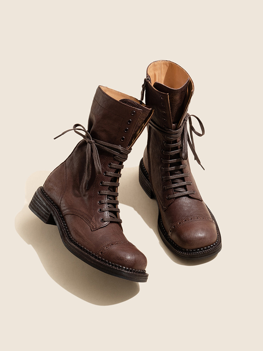 Distressed Leather Mid-Calf Combat Boots - View 10