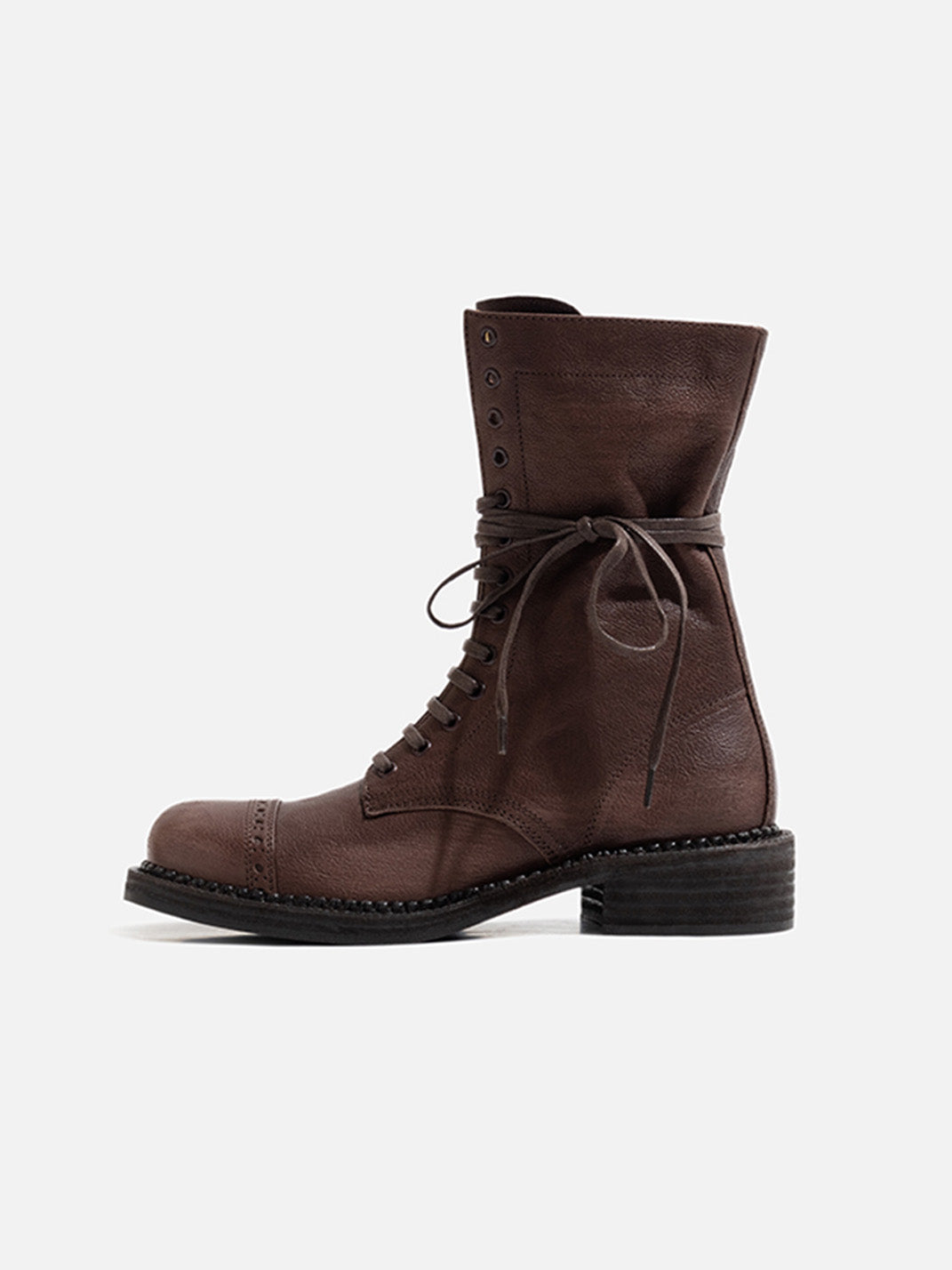 Distressed Leather Mid-Calf Combat Boots - View 11