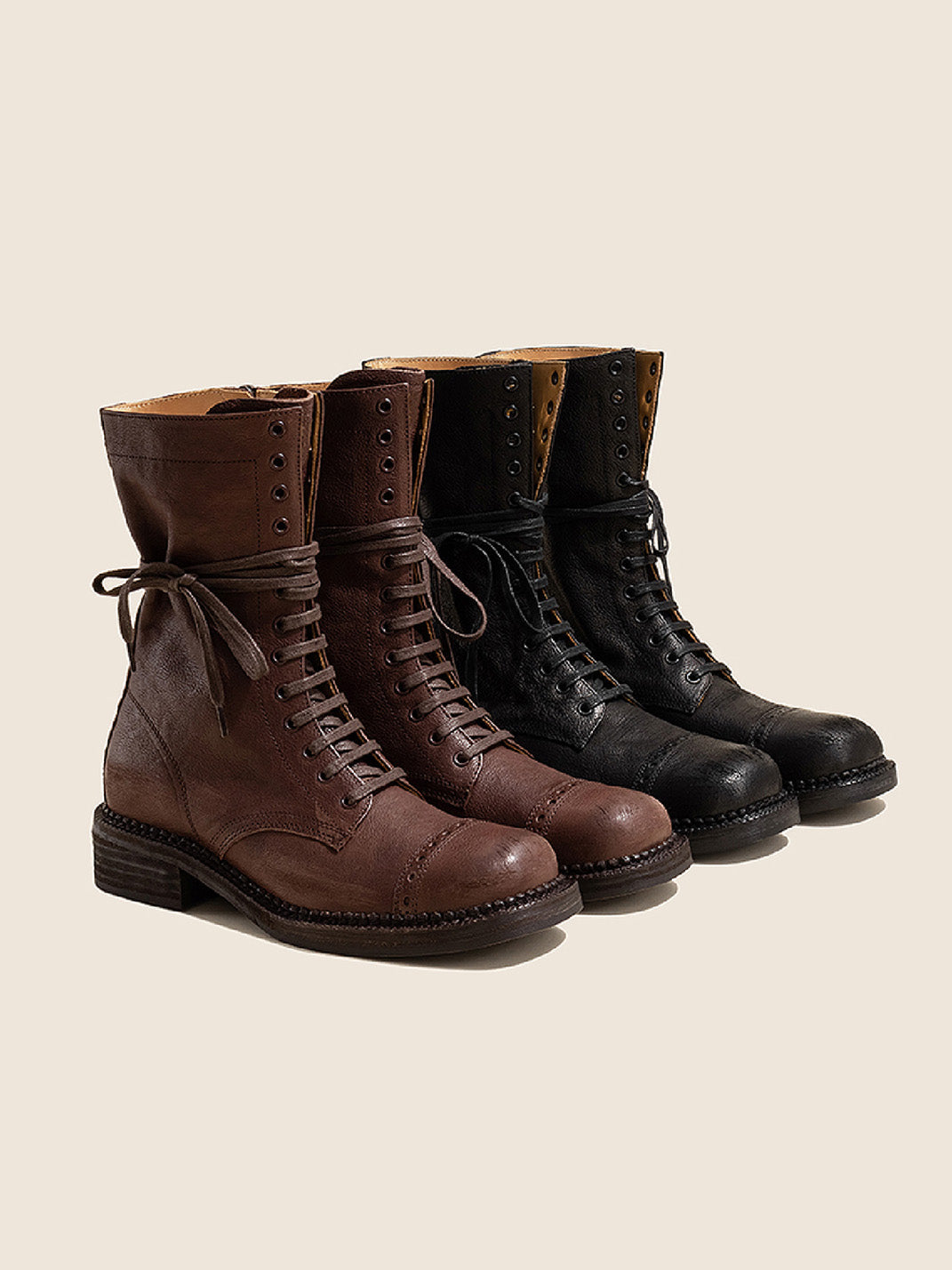 Distressed Leather Mid-Calf Combat Boots - View 13