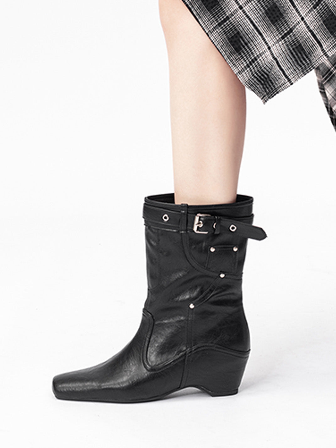 Buckle-Cuff Leather Western Ankle Boots - View 9