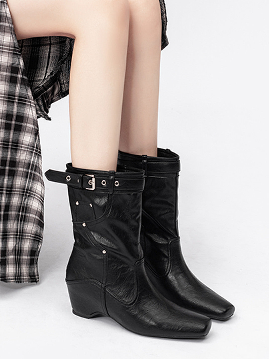 Buckle-Cuff Leather Western Ankle Boots - View 10