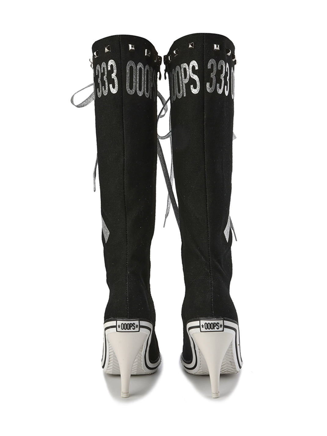 Graphic-Print Clear-Heel Studded Tall Boots - View 2