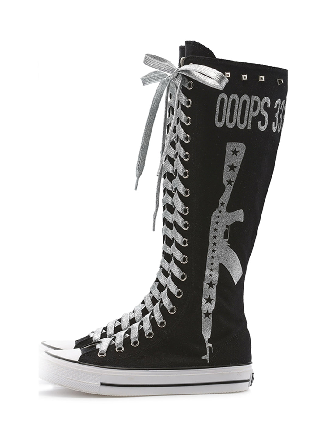 Studded Graphic Canvas Knee-High Boots
