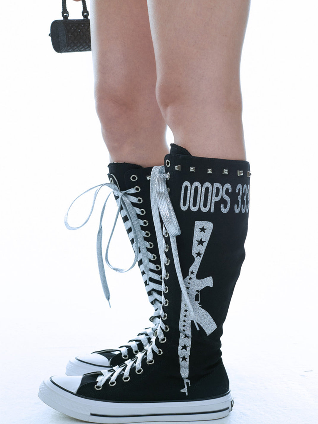 Studded Graphic Canvas Knee-High Boots - View 2