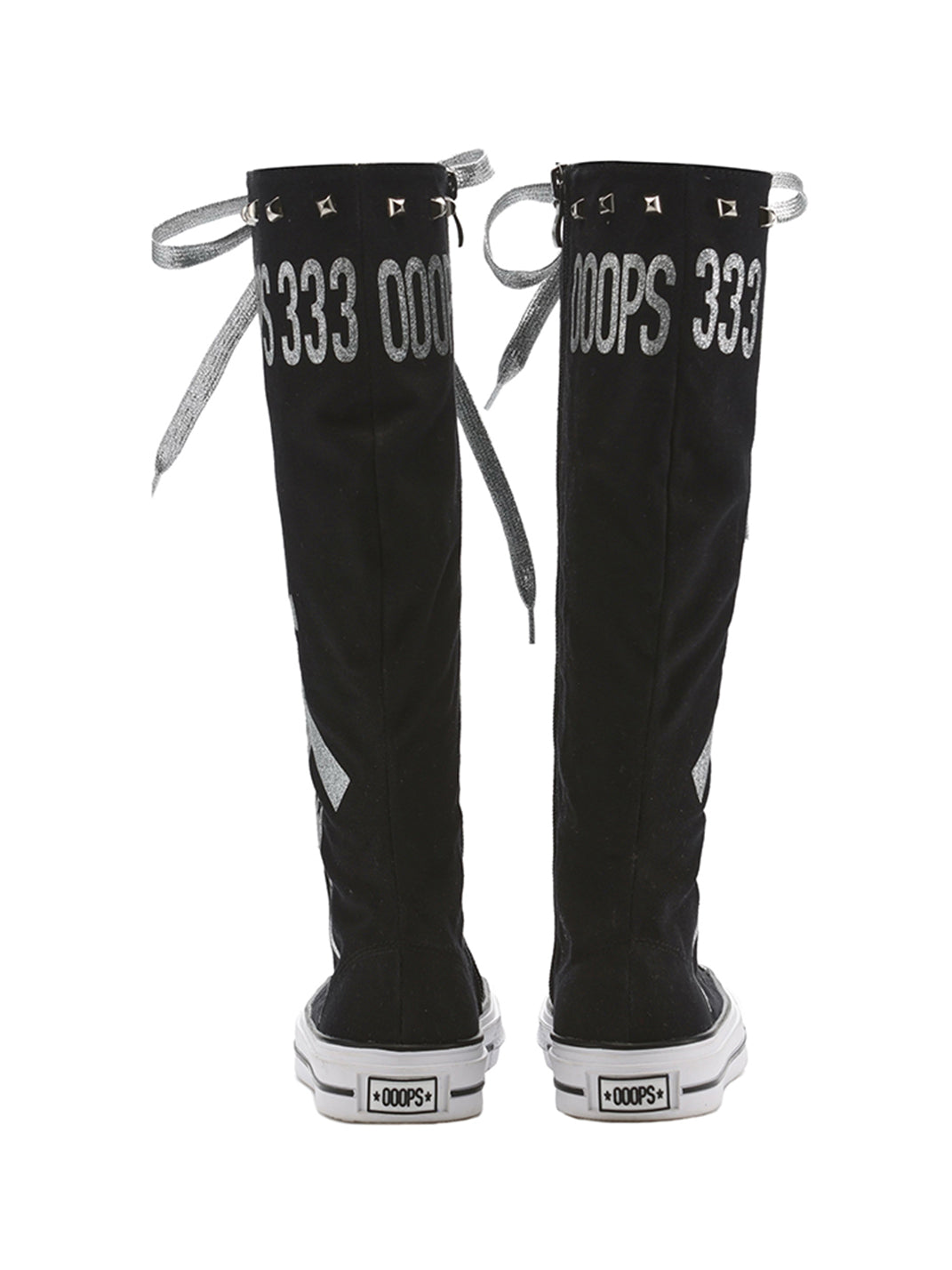 Studded Graphic Canvas Knee-High Boots - View 9