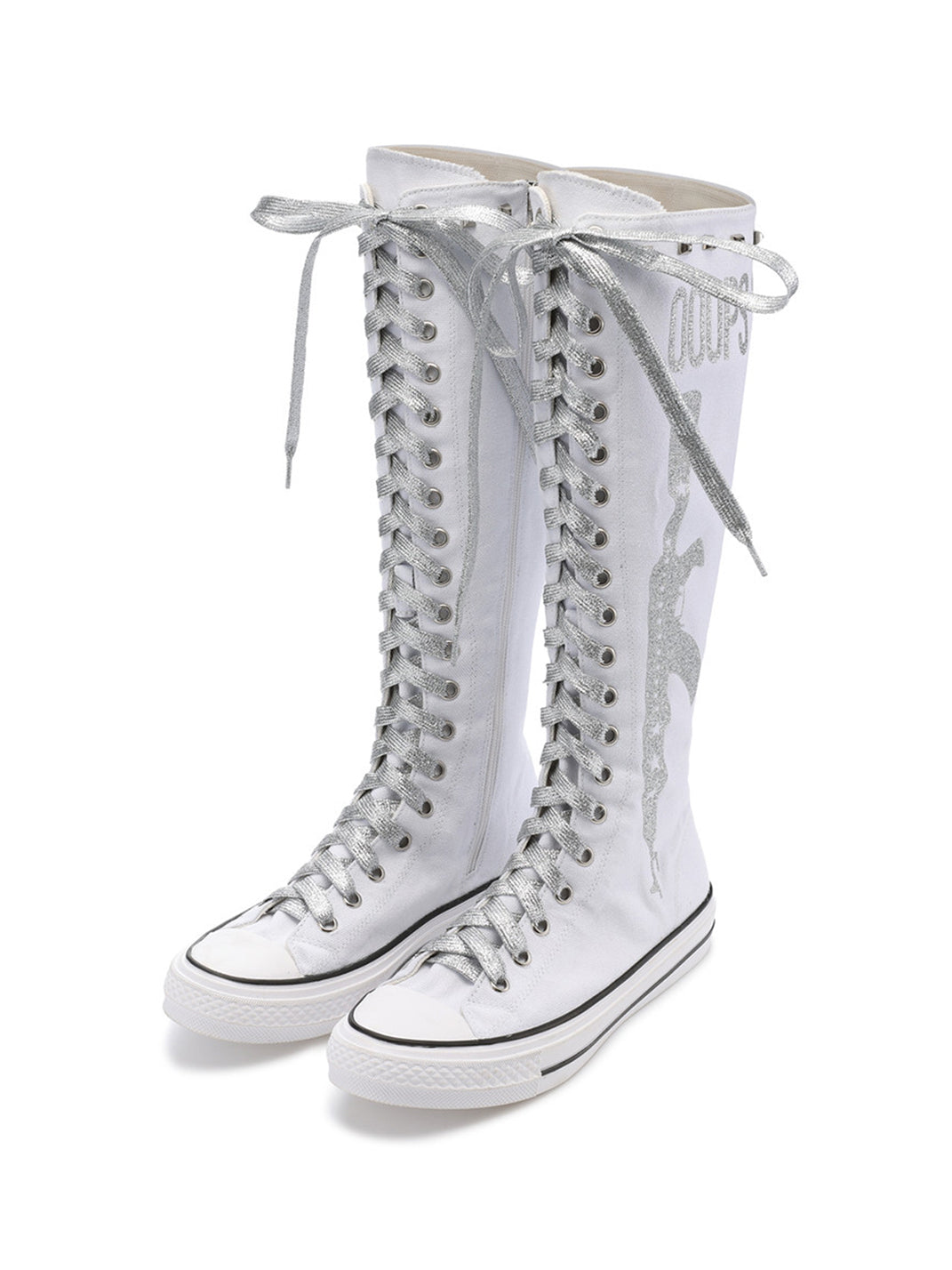 Studded Graphic Canvas Knee-High Boots - View 12