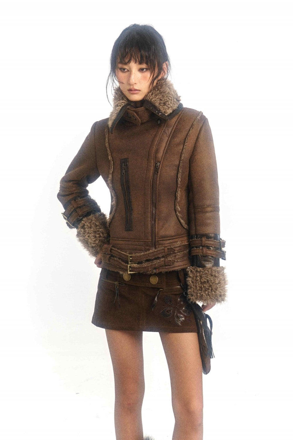 Brown Shearling Moto Leather Jacket